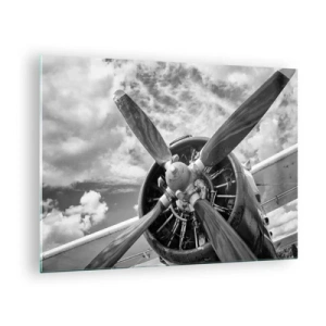Tablou pe sticlă - Un prim-plan al unei elice de avion, în alb și negru. - 70x50cm - Cuceritorul cerului - Decorațiune modernă pentru perete pentru living și dormitor ARTTOR