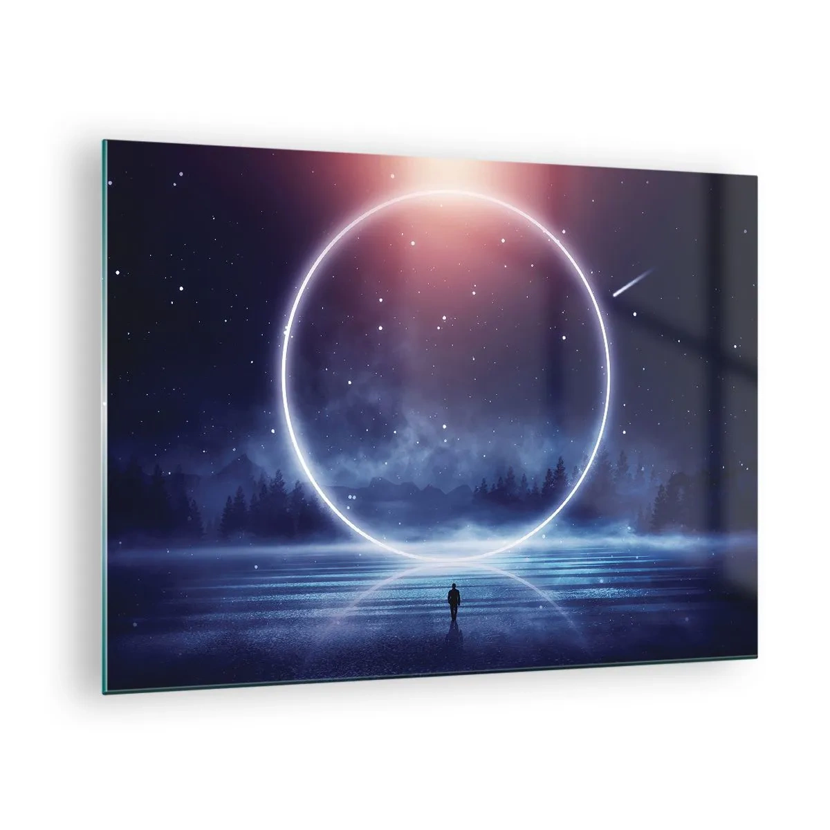 Tablou pe sticlă - Un cerc de lumină deasupra lacului printre cerul nopții și pădure - 70x50cm - Ei sunt deja aici... - Decorațiune modernă pentru perete pentru living și dormitor ARTTOR