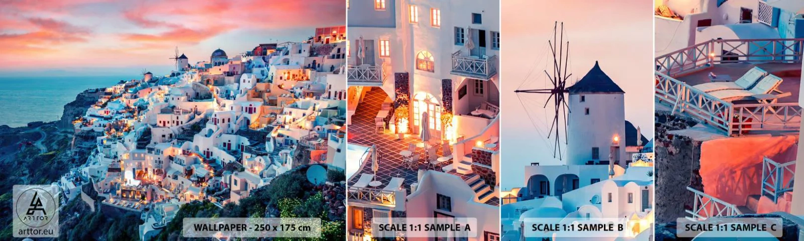 Mostră tapet autocolant Deluxe Sticker - Vacanța ta grecească - Peisaj, Grecia, Santorini - 100x30 cm