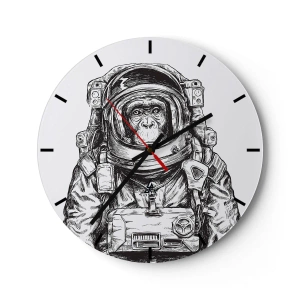 Ceas de perete - Ceas pe sticlă - O schiță alb-negru a unui astronaut maimuță. - 30x30cm - Evoluție alternativă - Decorațiune modernă pentru perete pentru living, bucătărie și dormitor ARTTOR
