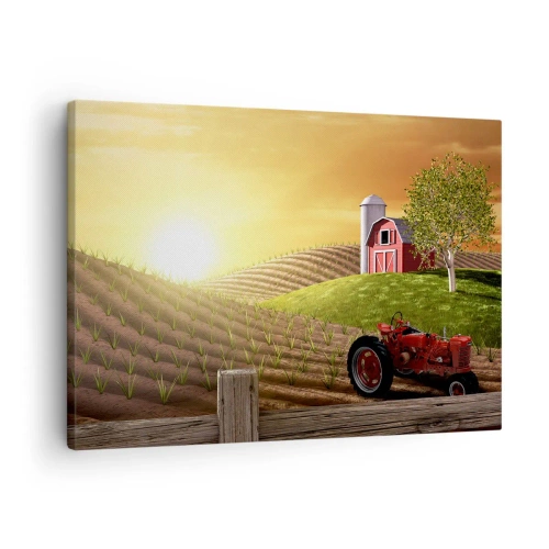 Tablou pe pânză Canvas - Peisaj rural cu un hambar roșu, tractor și răsărit de soare - 70x50cm - O fermă ca un basm - Decorațiune modernă pentru perete pentru living și dormitor ARTTOR