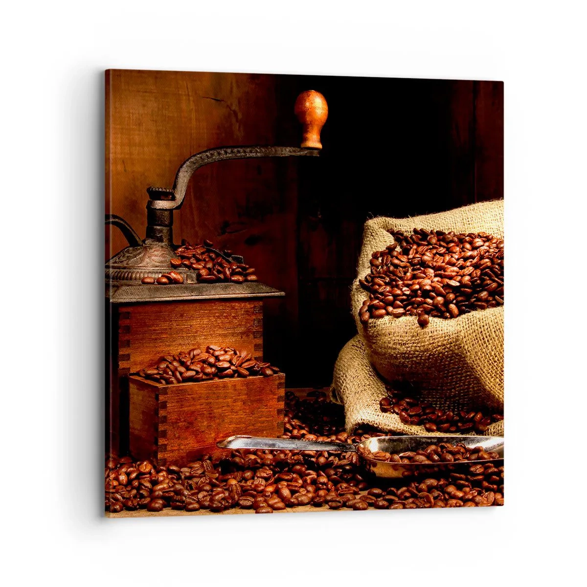 Tablou pe pânză - Natură moartă cu boabe de cafea și măcinător - 70x70 cm