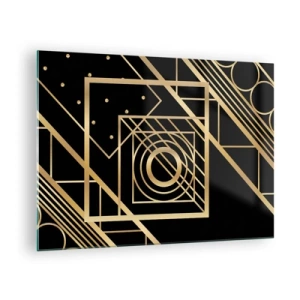 Tablou pe sticlă - Modele geometrice aurii pe fundal negru - 70x50cm - Geometrie de aur - Decorațiune modernă pentru perete pentru living și dormitor ARTTOR