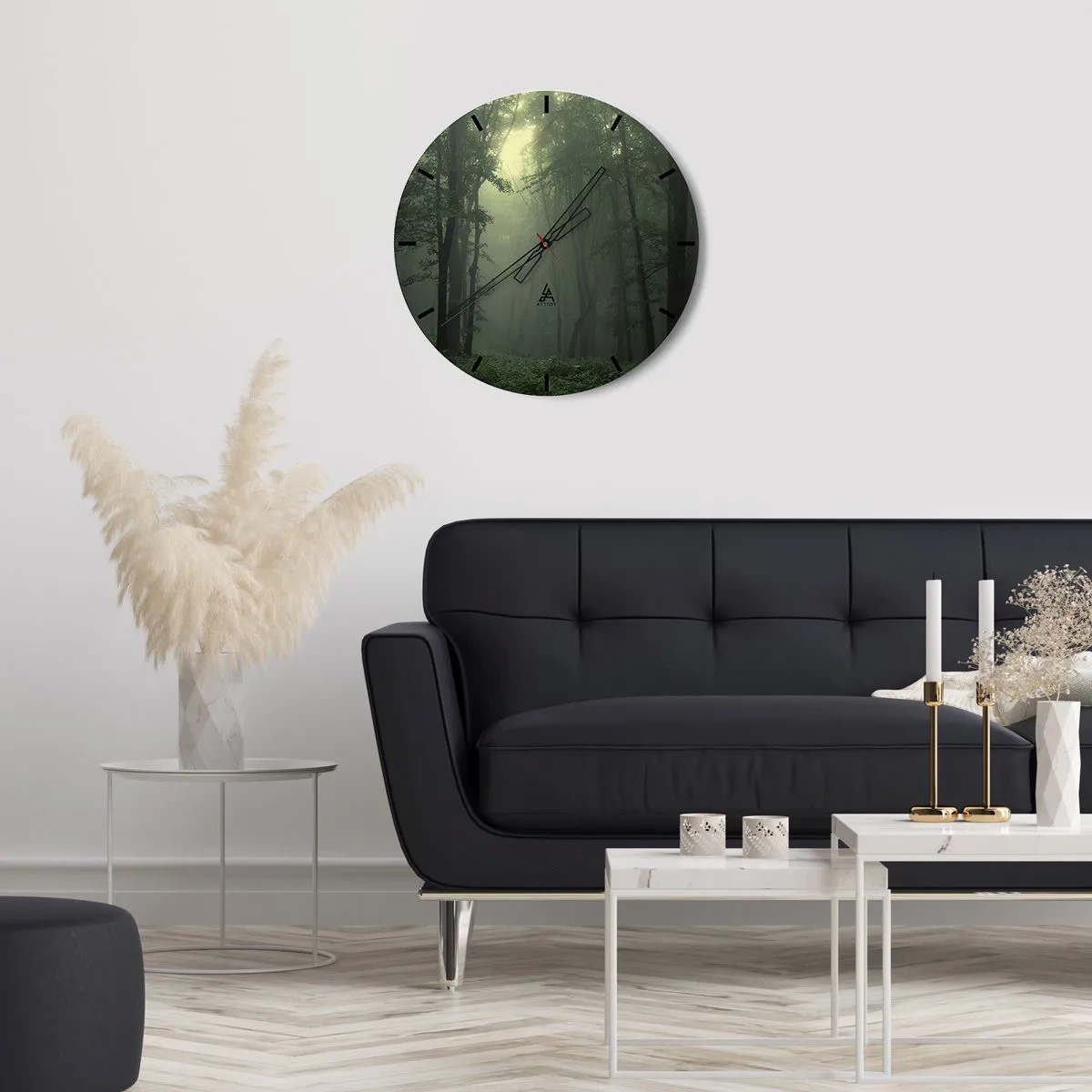 Ceas de perete - Ceas pe sticlă - Pădure verde în ceață cu ace de ceas negre - 30x30cm - Înainte să se trezească - Decorațiune modernă pentru perete pentru living, bucătărie și dormitor ARTTOR
