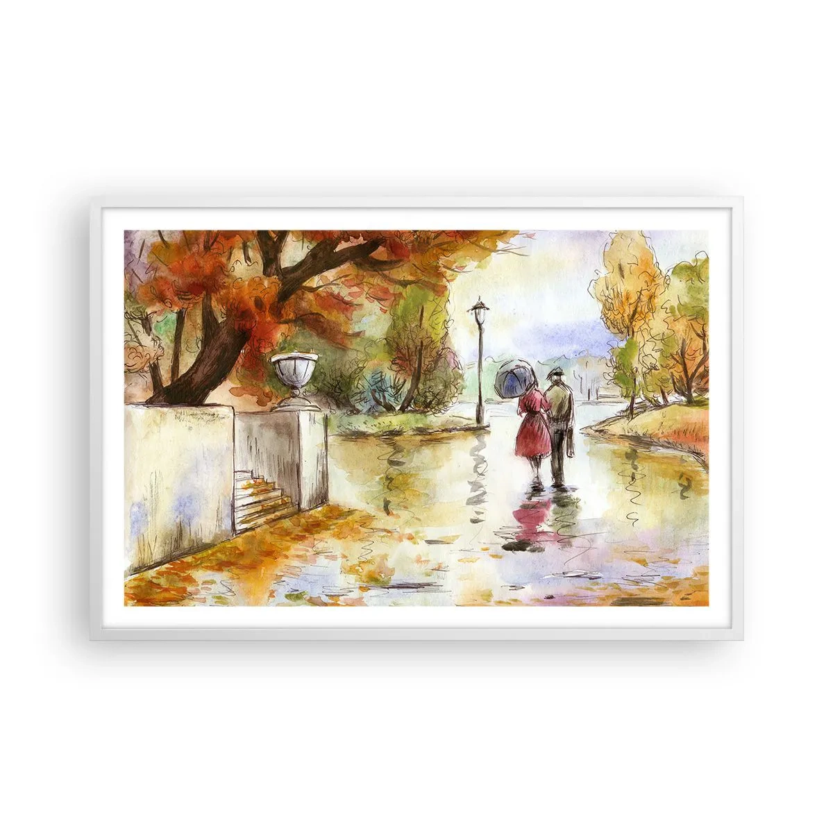 Poster în ramă albă - Toamnă romantică în parc - 91x61 cm