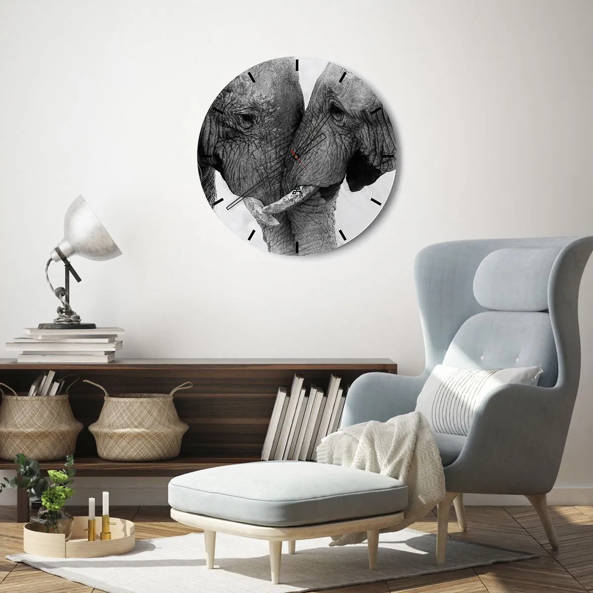 Ceas de perete - Ceas pe sticlă - Doi elefanți cu trompele împletite într-un gest tandru - 30x30cm - Mărturisire din inimă - Decorațiune modernă pentru perete pentru living, bucătărie și dormitor ARTTOR
