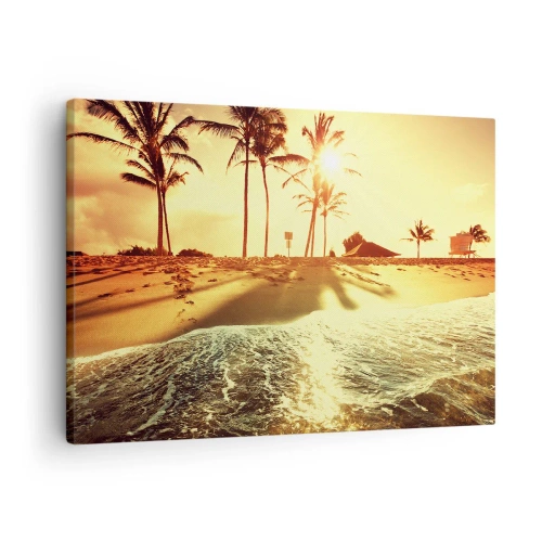 Tablou pe pânză Canvas - O plajă cu palmieri iluminați de un apus de soare cald - 70x50cm - California după-amiază - Decorațiune modernă pentru perete pentru living și dormitor ARTTOR