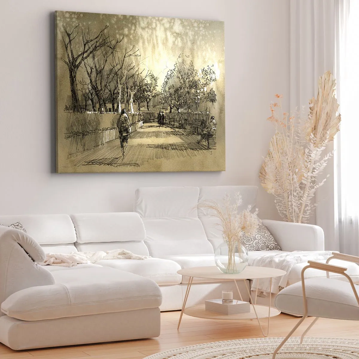 Tablou pe pânză Canvas - O scenă de desene animate cu un parc cu oameni care se plimbă în tonuri calde. - 70x50cm - Un moment reținut cu pene - Decorațiune modernă pentru perete pentru living și dormitor ARTTOR