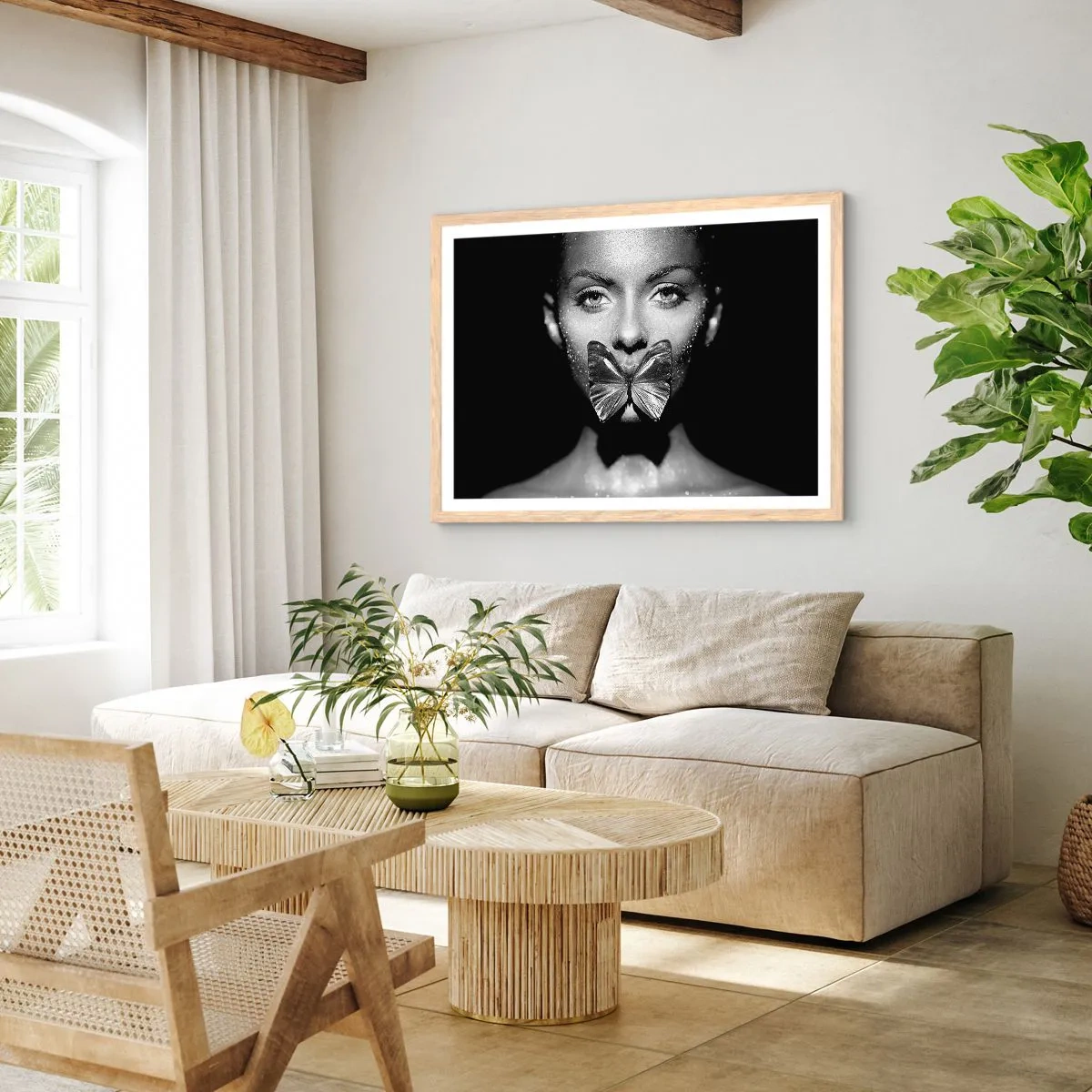 Poster în ramă de stejar deschis - Sărut de fluture - 100x70 cm