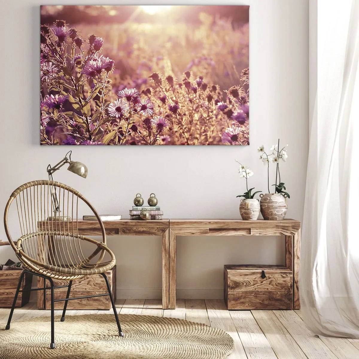 Tablou pe pânză Canvas - Pajiște în lumina soarelui care apune - 70x50cm - Înainte ca vara să plece - Decorațiune modernă pentru perete pentru living și dormitor ARTTOR