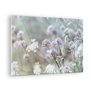 Tablou pe sticlă - Flori sălbatice delicate în nuanțe pastelate - 70x50cm - Ierburi dulci filigranate - Decorațiune modernă pentru perete pentru living și dormitor ARTTOR