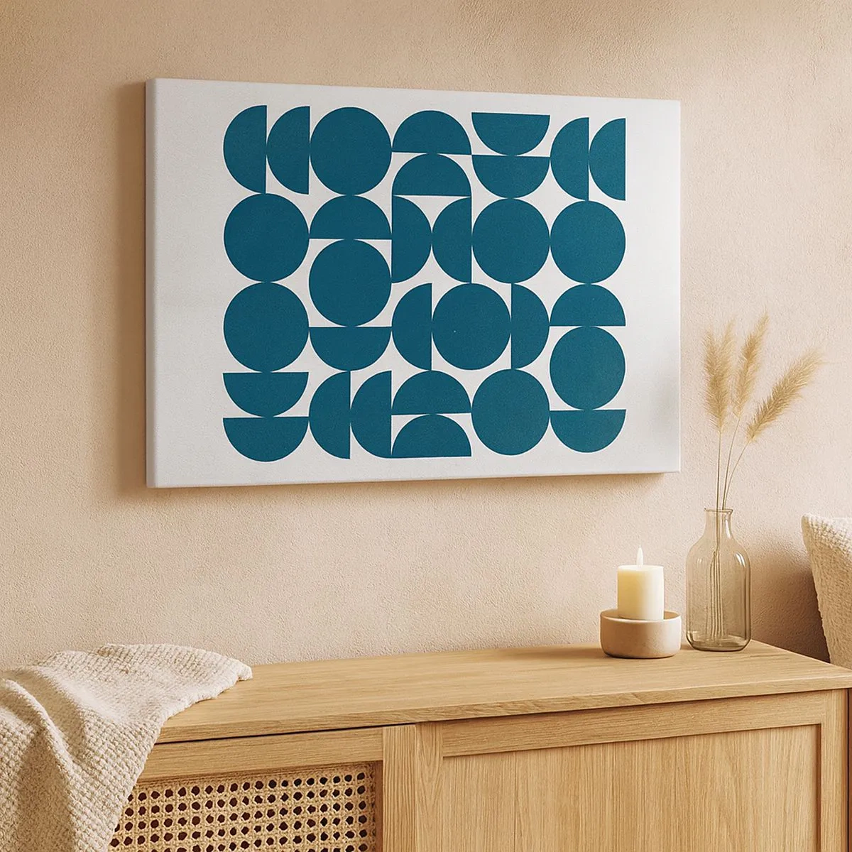 Tablou pe pânză Canvas - Forme geometrice în nuanțe de albastru marin pe fundal alb - 70x50cm - Cercuri și semicercuri - Decorațiune modernă pentru perete pentru living și dormitor ARTTOR