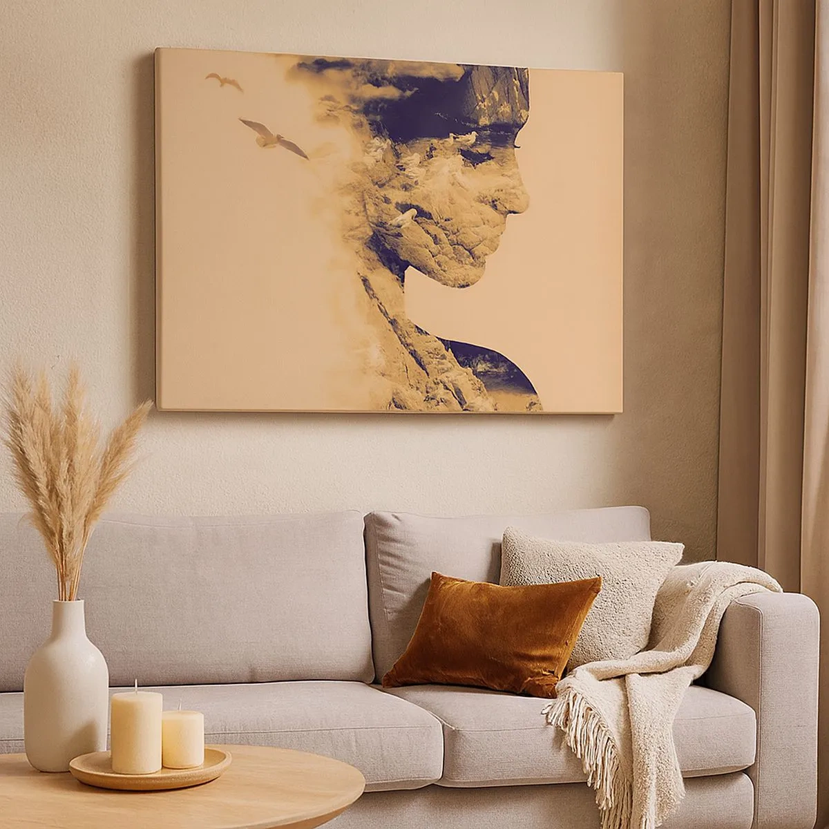 Tablou pe pânză Canvas - Profil de femeie cu natura în fundal în tonuri calde - 70x50cm - Frumoasă prin natura - Decorațiune modernă pentru perete pentru living și dormitor ARTTOR
