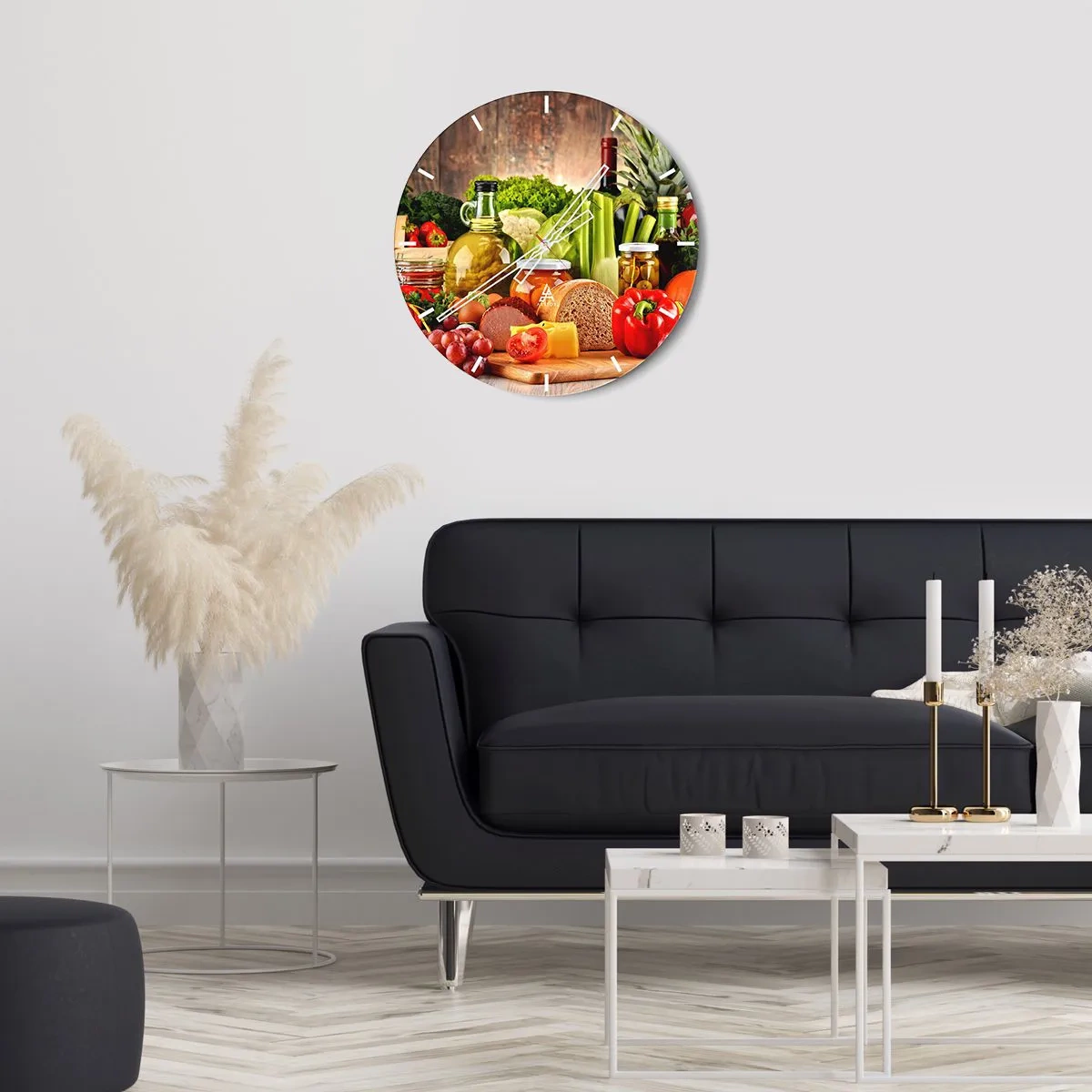 Ceas de perete - Ceas pe sticlă - Diverse produse alimentare pe un fundal de lemn - 30x30cm - Afumate, prăjite, marinate - Decorațiune modernă pentru perete pentru living, bucătărie și dormitor ARTTOR