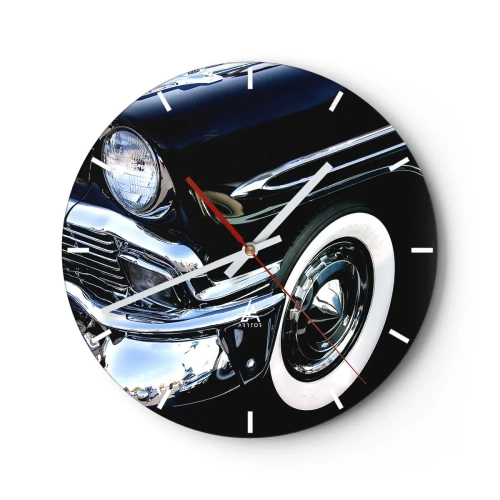 Ceas de perete - Ceas pe sticlă - O mașină retro neagră strălucitoare cu un stil clasic - 30x30cm - Clasicul în argintiu, negru și alb - Decorațiune modernă pentru perete pentru living, bucătărie și dormitor ARTTOR
