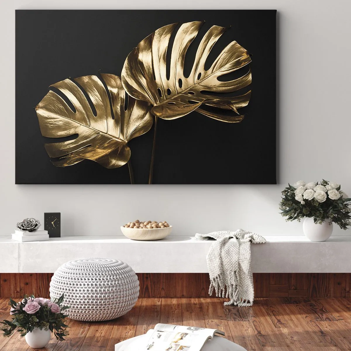 Tablou pe pânză Canvas - Frunze de monsteră aurii pe fundal negru - 70x50cm - Comorile naturii - Decorațiune modernă pentru perete pentru living și dormitor ARTTOR