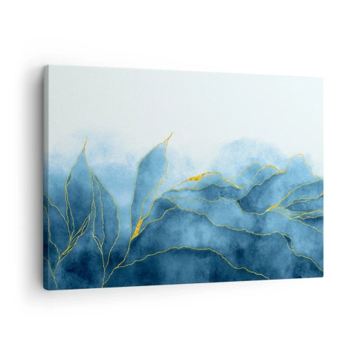 Tablou pe pânză Canvas - Valuri abstracte în nuanțe de albastru cu accente aurii - 70x50cm - Albastru în aur - Decorațiune modernă pentru perete pentru living și dormitor ARTTOR