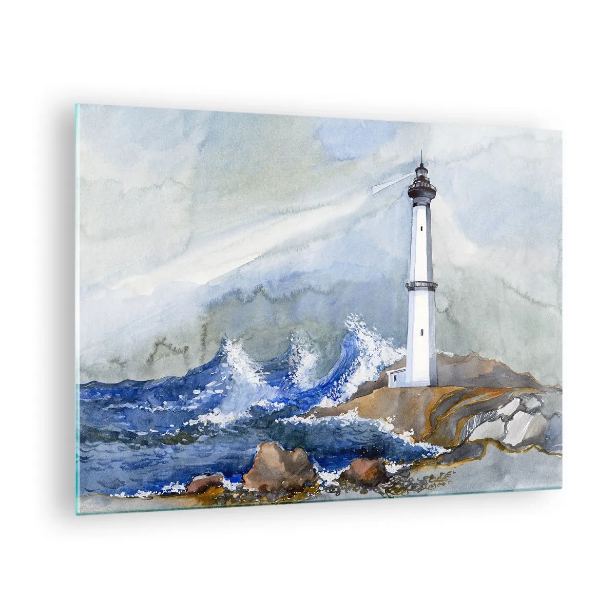Tablou pe sticlă - Un far lângă o mare furtunoasă în stil acuarelă - 70x50cm - Împotriva întunericului și a furtunii - Decorațiune modernă pentru perete pentru living și dormitor ARTTOR