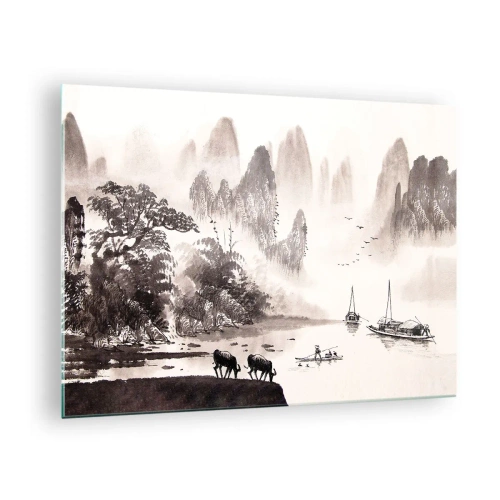 Tablou pe sticlă - Peisaj chinezesc cu munți, copaci și apă - 70x50cm - Viața exotică de zi cu zi a Estului - Decorațiune modernă pentru perete pentru living și dormitor ARTTOR