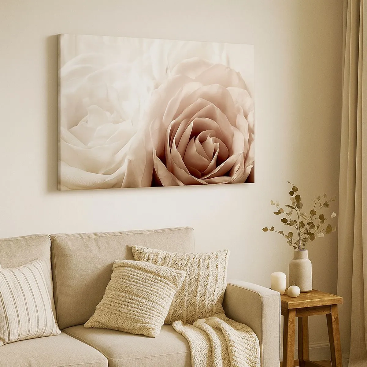 Tablou pe pânză Canvas - Trandafiri delicați în nuanțe pastelate de bej - 70x50cm - În inima unui trandafir - Decorațiune modernă pentru perete pentru living și dormitor ARTTOR