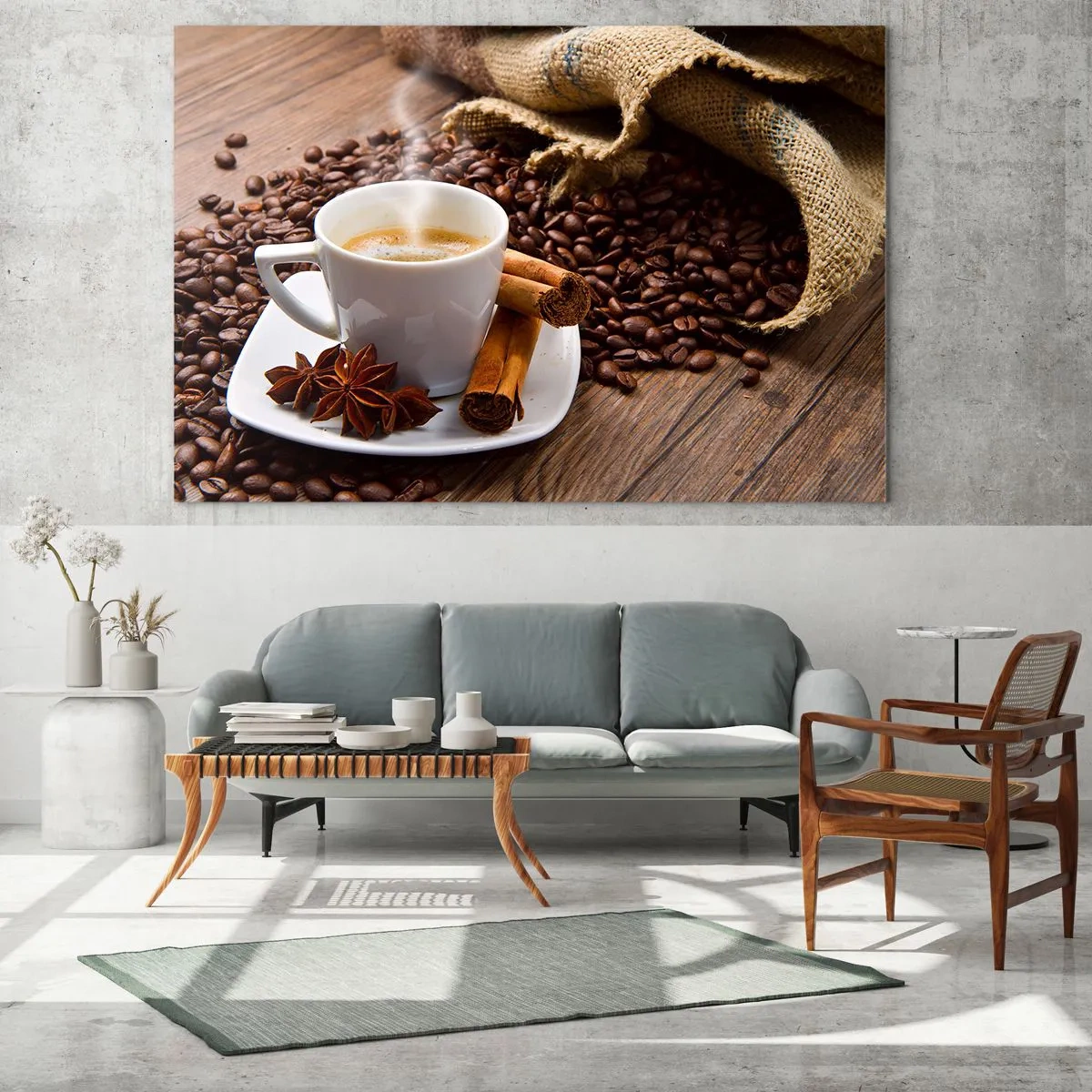 Tablou pe sticlă - O ceașcă de cafea cu scorțișoară și boabe de cafea pe o masă de lemn - 70x50cm - Gust și aromă de mirodenii - Decorațiune modernă pentru perete pentru living și dormitor ARTTOR