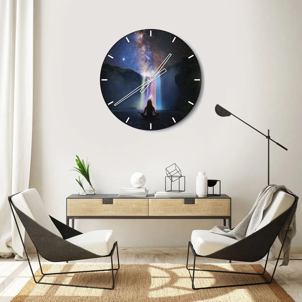 Ceas de perete - Ceas pe sticlă - O figură meditând lângă o cascadă sub un cer înstelat - 30x30cm - Armonie absolută - Decorațiune modernă pentru perete pentru living, bucătărie și dormitor ARTTOR