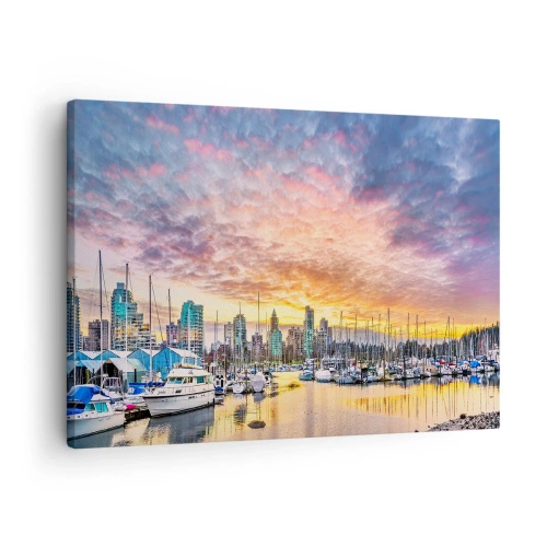 Tablou pe pânză Canvas - Marina cu iahturi și peisaj urban la apus - 70x50cm - Orașul celor o mie de marinari - Decorațiune modernă pentru perete pentru living și dormitor ARTTOR