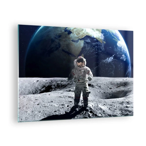 Tablou pe sticlă - Astronautul pe suprafața Lunii cu Pământul în fundal - 70x50cm - Salutări de pe Lună - Decorațiune modernă pentru perete pentru living și dormitor ARTTOR
