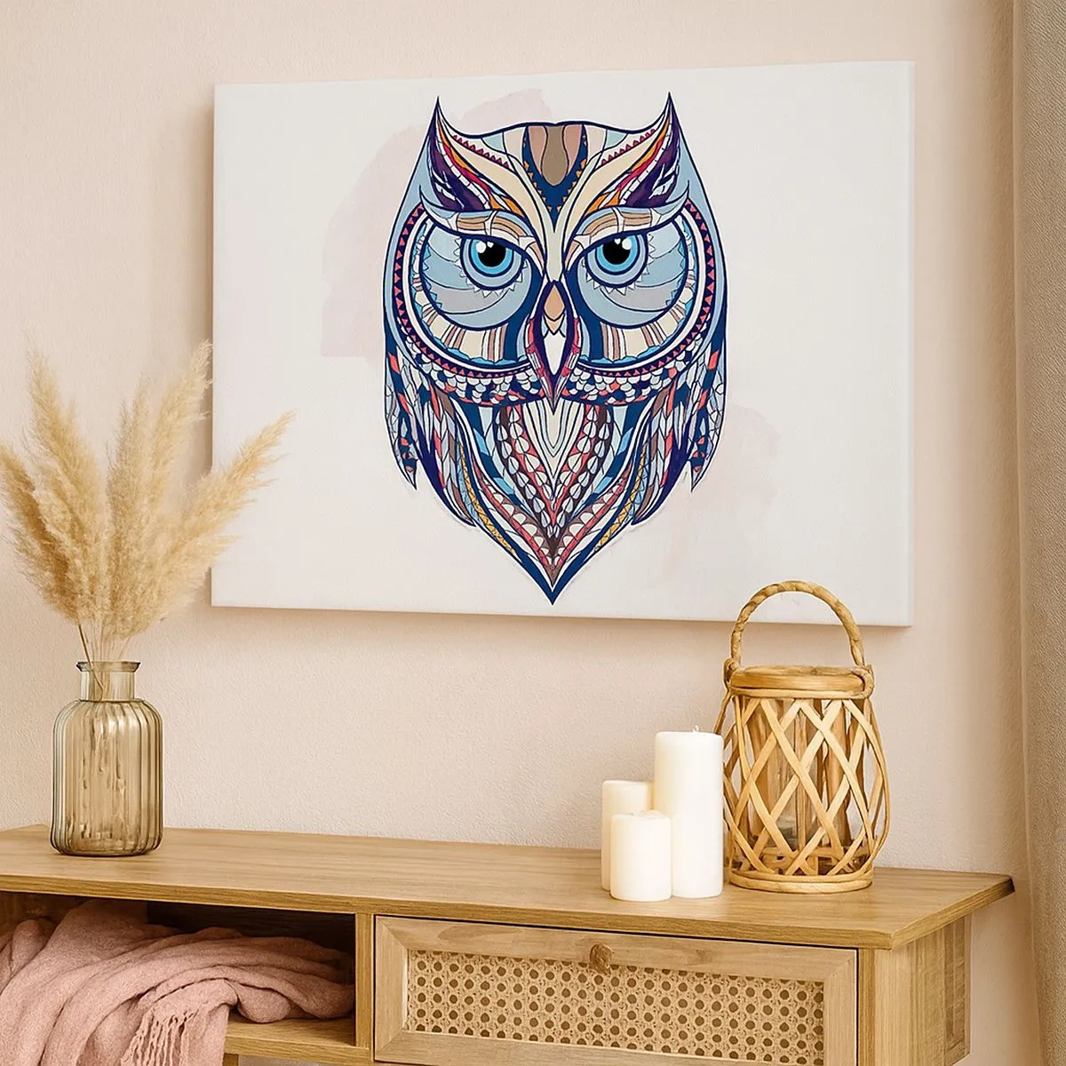 Tablou pe pânză Canvas - Bufniță geometrică în nuanțe de albastru și bej - 70x50cm - Bufniță ornamentală artistică - Decorațiune modernă pentru perete pentru living și dormitor ARTTOR