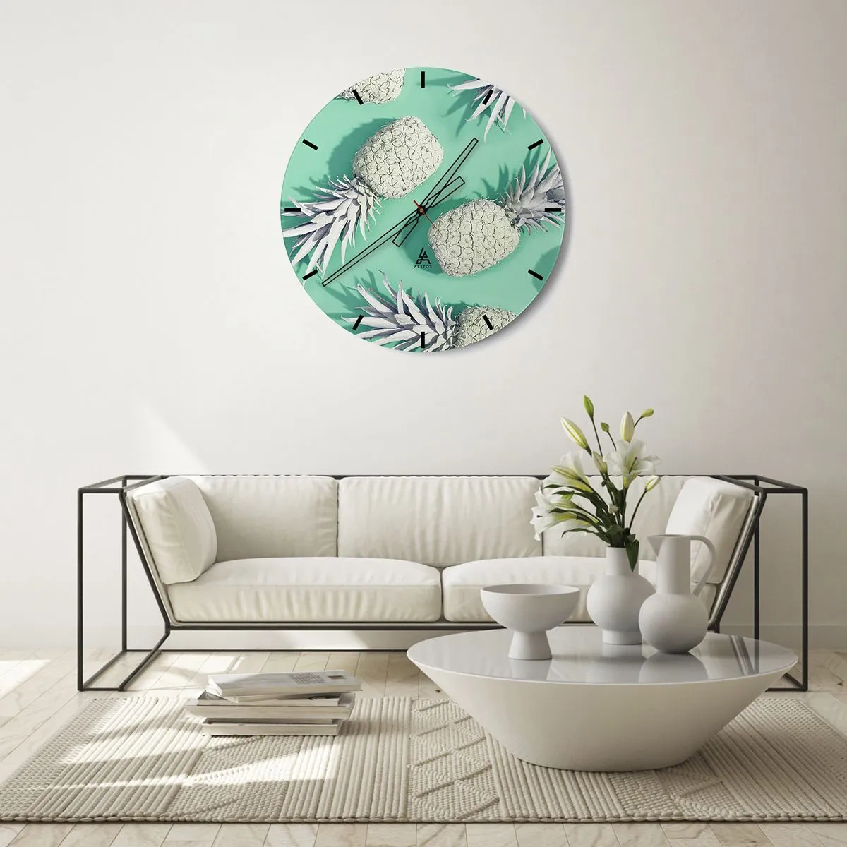 Ceas de perete - Ceas pe sticlă - Ananas alb pe fundal de mentă, în stil minimalist - 30x30cm - Merge bine cu mentă - Decorațiune modernă pentru perete pentru living, bucătărie și dormitor ARTTOR