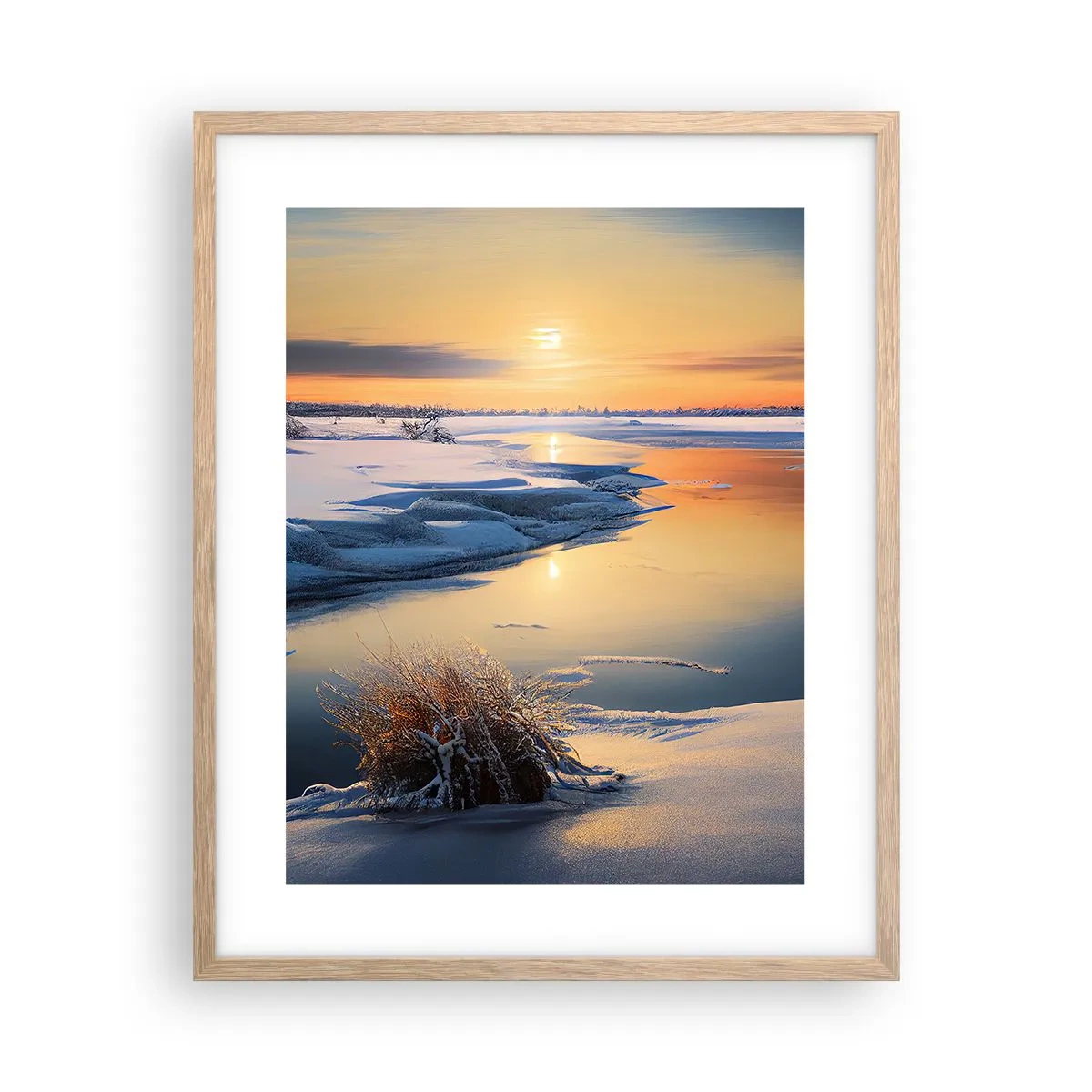 Poster în ramă de stejar deschis - Apus de soare pe timp de iarnă - 40x50 cm