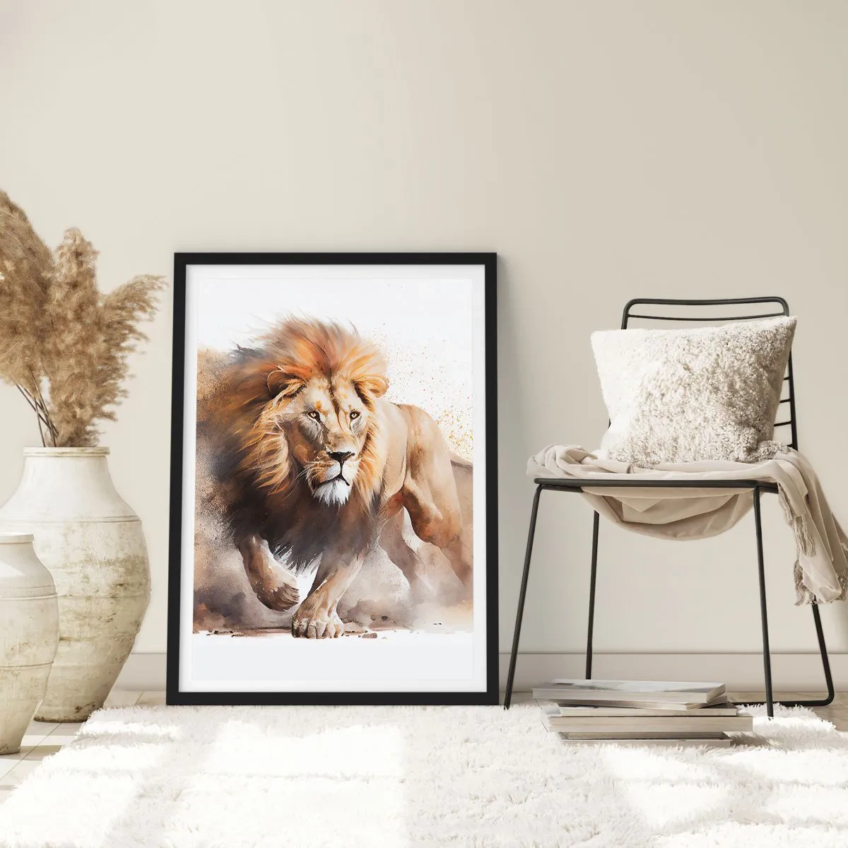 Poster în ramă neagră - Un leu impunător în mișcare într-un stil pictural - 50x70cm - Regele se mișcă  - Decorațiune modernă pentru perete pentru living și dormitor ARTTOR