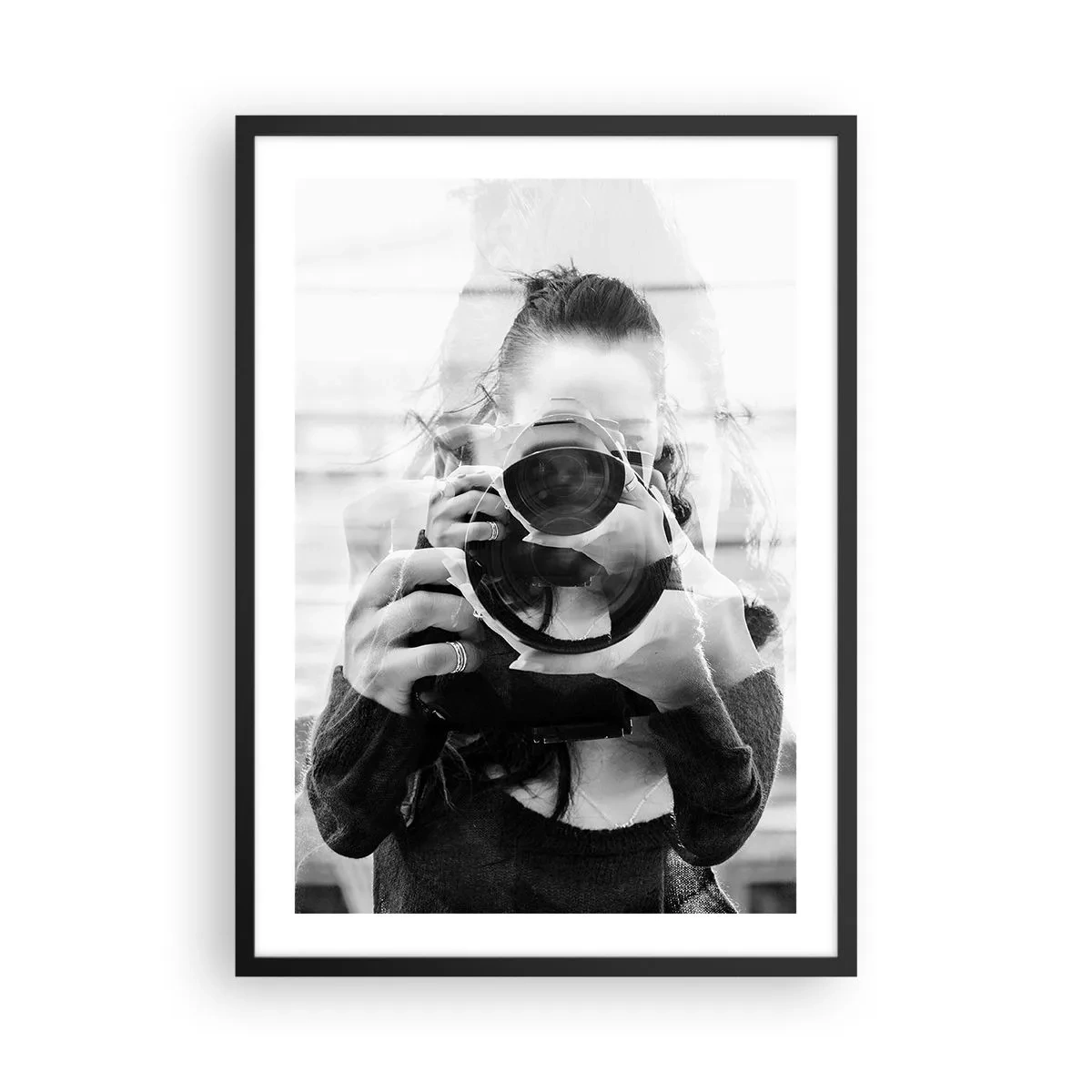 Poster în ramă neagră - Dublă expunere a fotografului și a camerei în alb-negru - 50x70cm - Creator și material - Decorațiune modernă pentru perete pentru living și dormitor ARTTOR