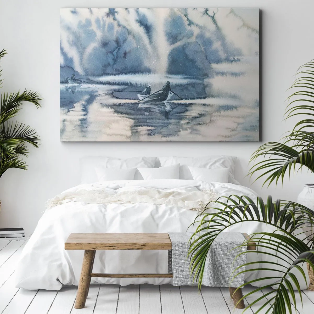 Tablou pe pânză Canvas - Peisaj în acuarelă cu bărci pe un lac înconjurat de o pădure încețoșată - 70x50cm - Pescarii în paradisul lor - Decorațiune modernă pentru perete pentru living și dormitor ARTTOR
