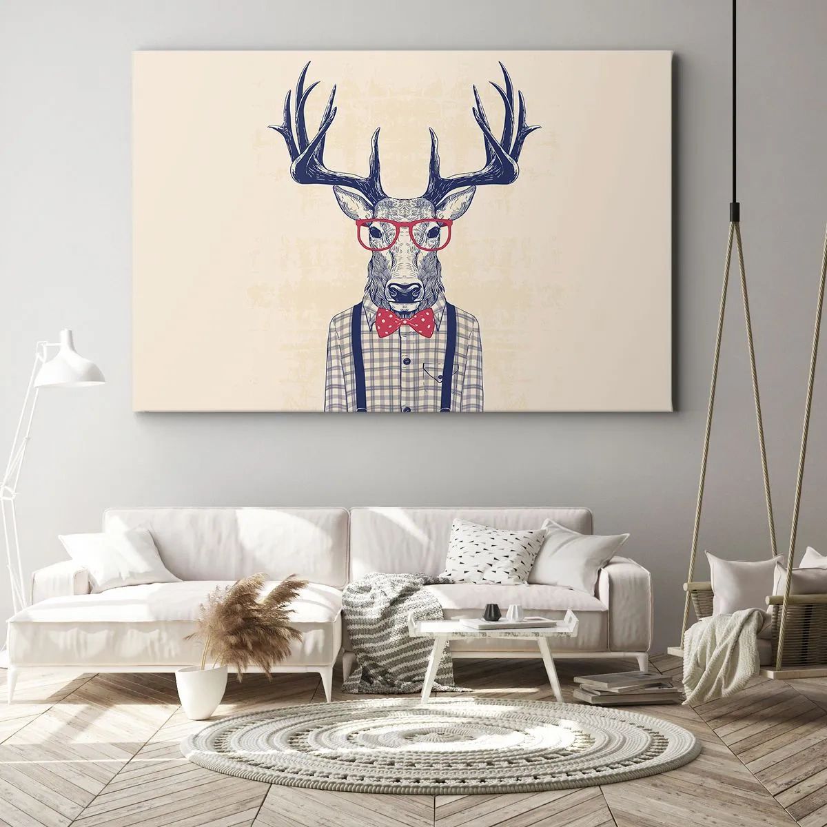 Tablou pe pânză Canvas - Grafică stilizată a unei căprioare purtând ochelari și un papion - 70x50cm - O extravaganță jucăușă - Decorațiune modernă pentru perete pentru living și dormitor ARTTOR