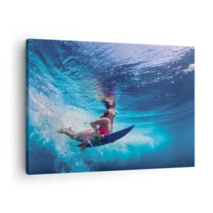 Tablou pe pânză Canvas - Un surfer sub apă într-o compoziție dinamică în nuanțe de albastru. - 70x50cm - Profunzimea bucuriei - Decorațiune modernă pentru perete pentru living și dormitor ARTTOR