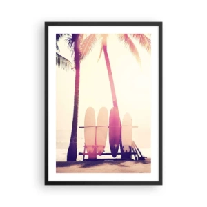 Poster în ramă neagră - Plăci de surf aliniate sub palmieri pe plajă - 50x70cm - Va fi o zi minunată - Decorațiune modernă pentru perete pentru living și dormitor ARTTOR