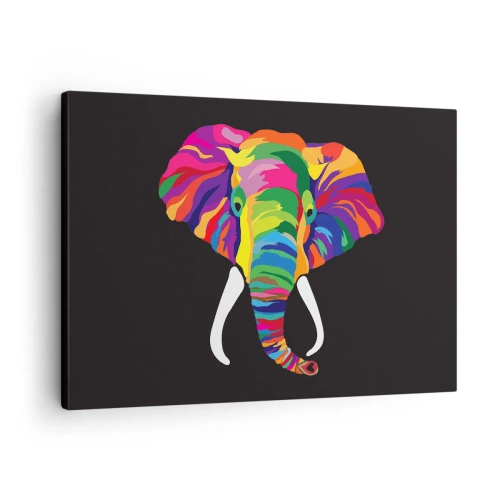 Tablou pe pânză Canvas - O imagine colorată a unui elefant pe un fundal negru - 70x50cm - Elefantul căruia îi plăcea să se scalde în curcubeu - Decorațiune modernă pentru perete pentru living și dormitor ARTTOR