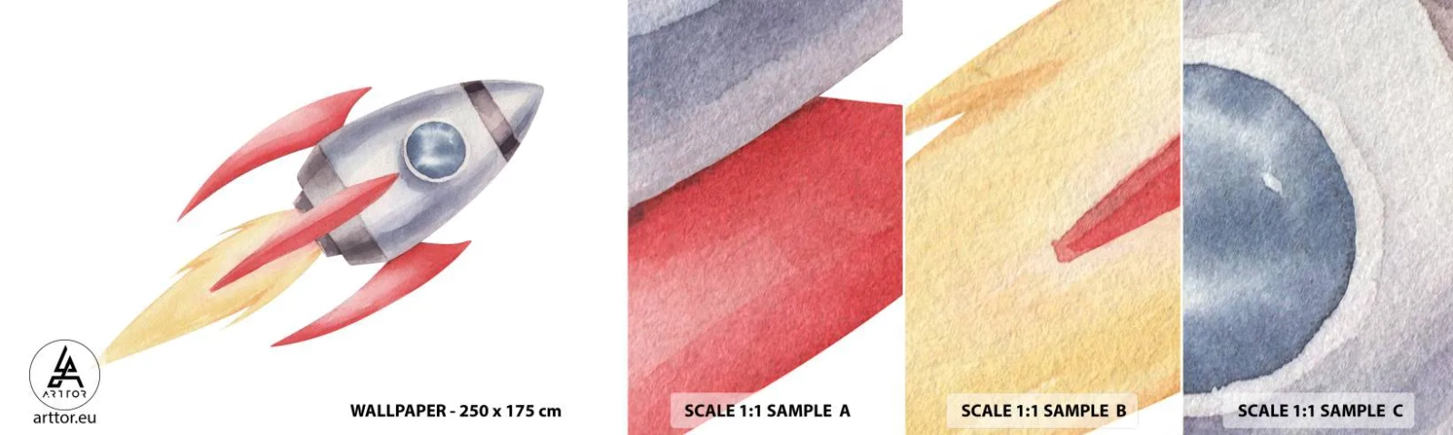 Mostră tapet autocolant Deluxe Sticker - Mai sus, mai repede, mai departe - O rachetă spațială, Pentru copii, Cosmos - 100x30 cm