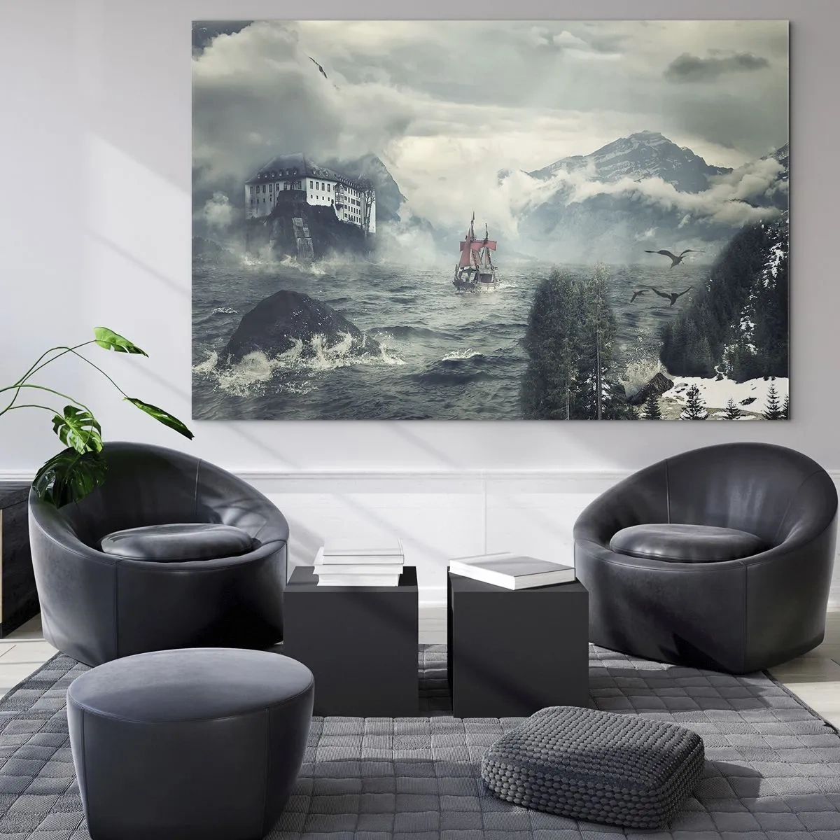 Tablou pe sticlă - O navă pe o mare furtunoasă cu un castel în fundal - 70x50cm - Pe ape magice - Decorațiune modernă pentru perete pentru living și dormitor ARTTOR