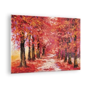Tablou pe sticlă - O alee pitorească în culori de toamnă, plină de nuanțe calde - 70x50cm - Impresie de toamnă - Decorațiune modernă pentru perete pentru living și dormitor ARTTOR