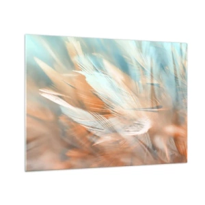 Tablou pe sticlă - Pene delicate în nuanțe pastelate de turcoaz și piersică - 70x50cm - În țara blândeții - Decorațiune modernă pentru perete pentru living și dormitor ARTTOR