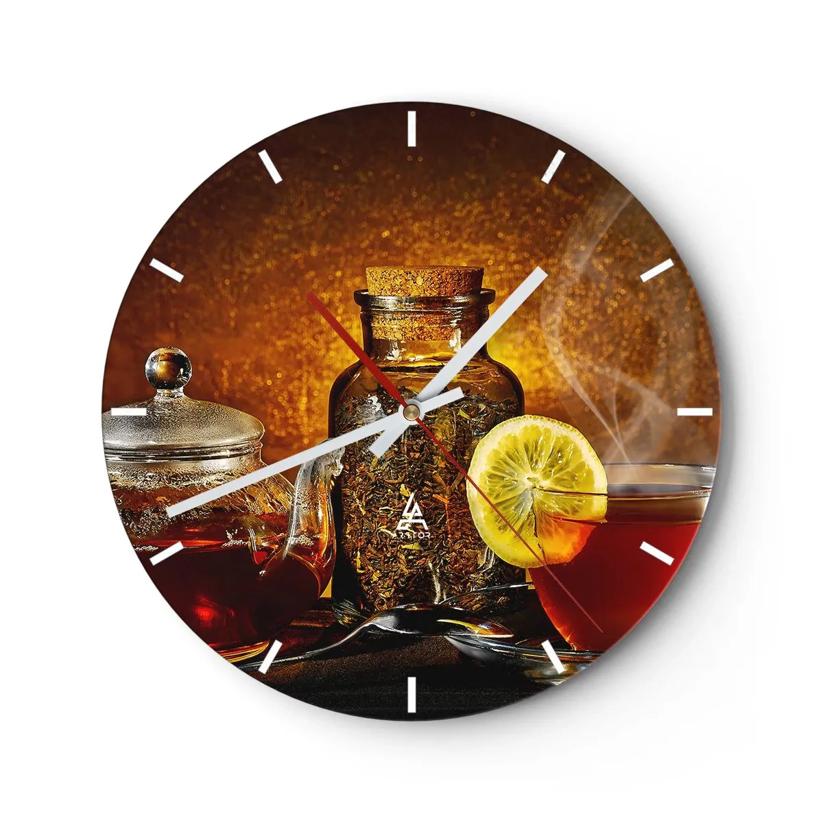 Ceas de perete - Ceas pe sticlă - Ceai cu lămâie și un borcan de ierburi uscate pe fundal auriu - 30x30cm - În stilul maeștrilor olandezi - Decorațiune modernă pentru perete pentru living, bucătărie și dormitor ARTTOR