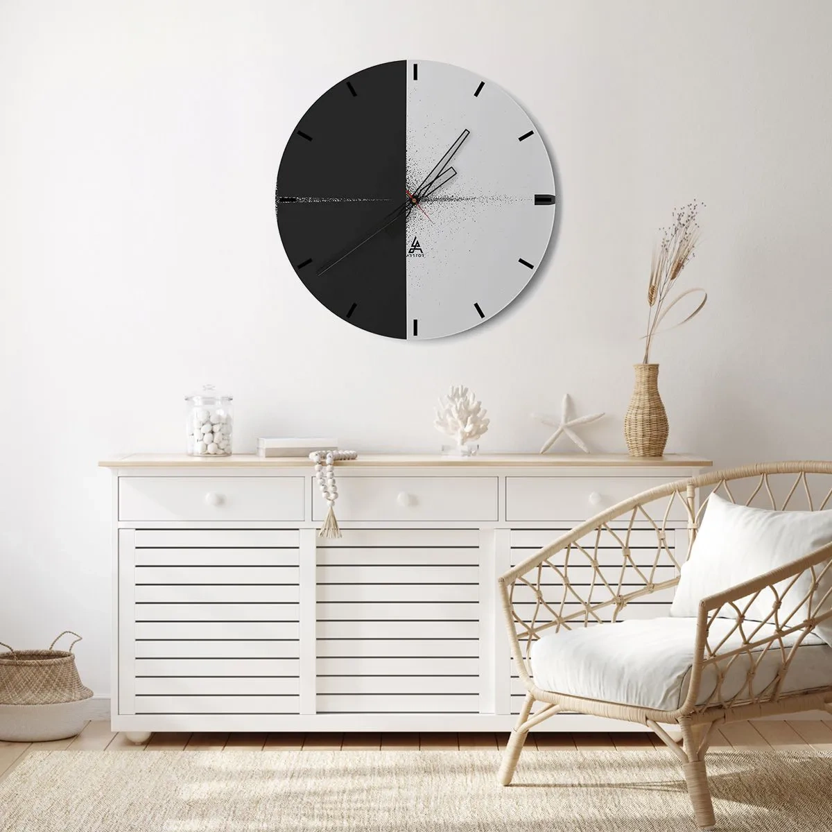 Ceas de perete - Ceas pe sticlă - Abstracție minimalistă în alb și negru - 30x30cm - Direct la țintă - Decorațiune modernă pentru perete pentru living, bucătărie și dormitor ARTTOR