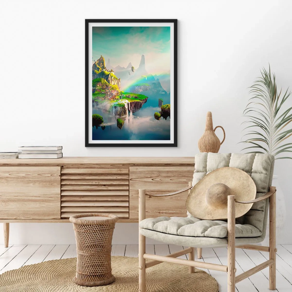 Poster în ramă neagră - Un peisaj magic cu munți, un curcubeu și o cascadă - 50x70cm - Insule fericite - Decorațiune modernă pentru perete pentru living și dormitor ARTTOR