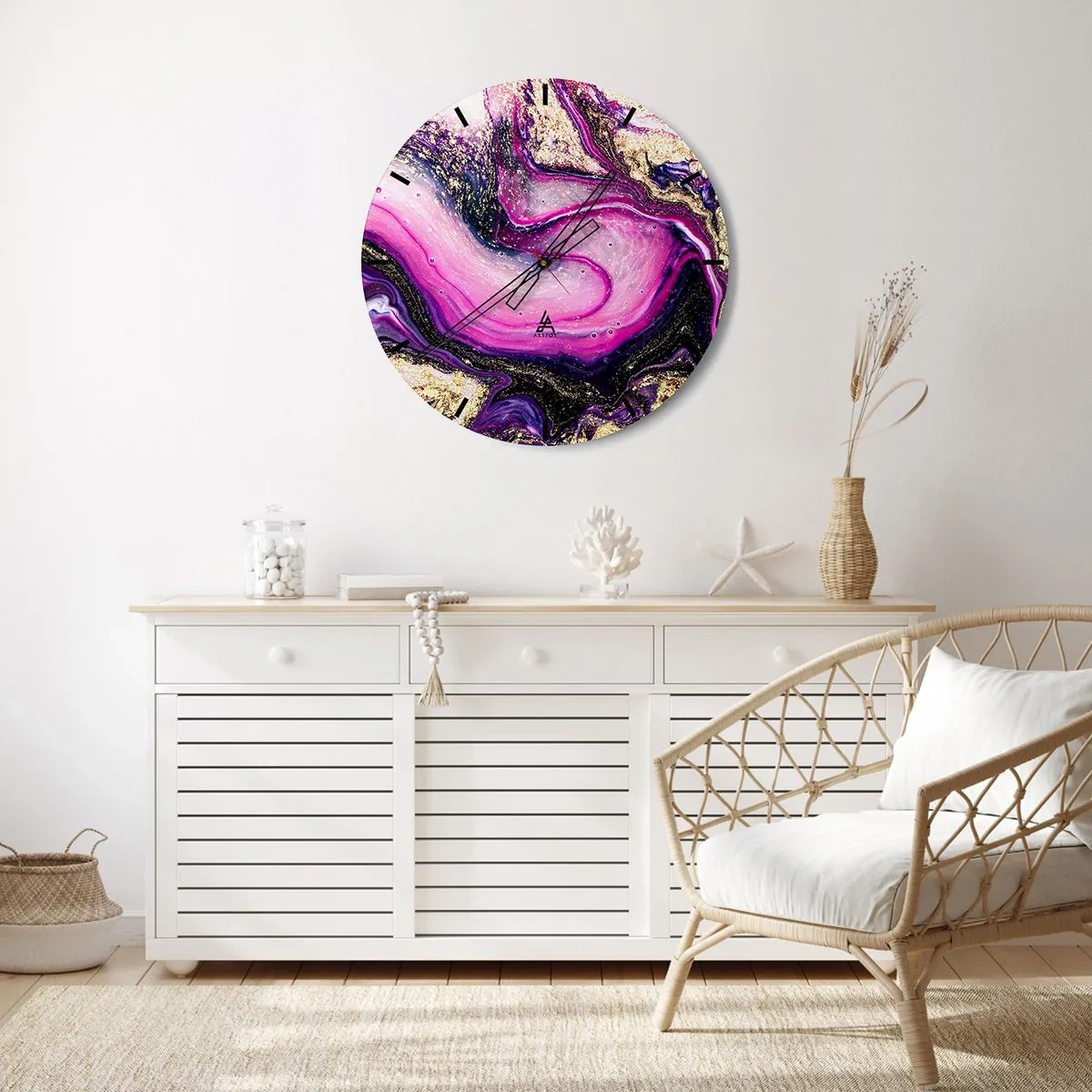 Ceas de perete - Ceas pe sticlă - Un model abstract în nuanțe de violet și auriu, cu un motiv învârtitor. - 30x30cm - Un moment în culise - Decorațiune modernă pentru perete pentru living, bucătărie și dormitor ARTTOR
