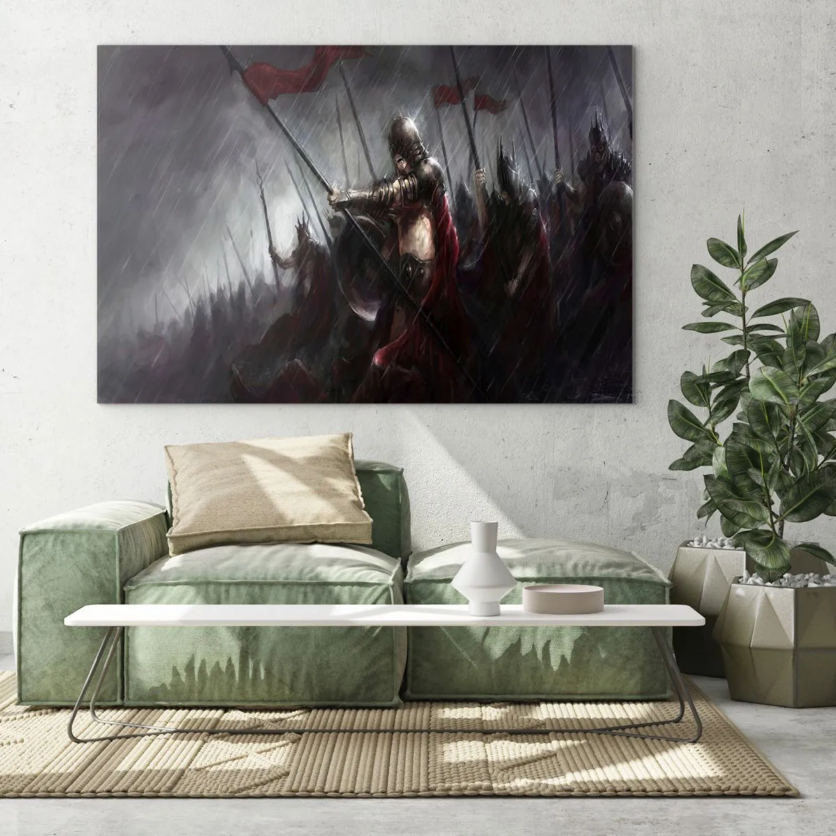 Tablou pe sticlă - Cavaleri în ploaie pe câmpul de luptă în echipament complet - 70x50cm - Trecătorule, spune-i Spartei.. - Decorațiune modernă pentru perete pentru living și dormitor ARTTOR
