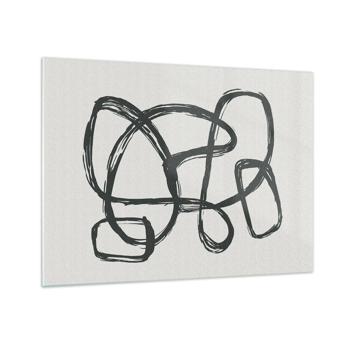 Tablou pe sticlă - Buclele și liniile negre formează o compoziție abstractă pe un fundal alb. - 70x50cm - Abstracție în buclă - Decorațiune modernă pentru perete pentru living și dormitor ARTTOR