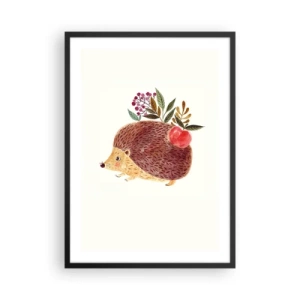 Poster în ramă neagră - Un arici drăguț cu un măr și crenguțe pe un fundal deschis - 50x70cm - Și tu deja mă placi - Decorațiune modernă pentru perete pentru living și dormitor ARTTOR