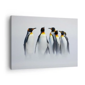 Tablou pe pânză Canvas - Un grup de pinguini imperiali în ceața de iarnă - 70x50cm - Întâlnire în rochie de seară - Decorațiune modernă pentru perete pentru living și dormitor ARTTOR